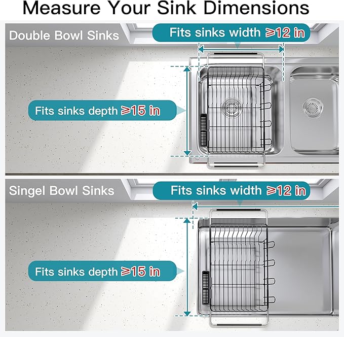 Dish Drying Rack Over the Sink In Stainless Steel Black Expandable Drainer for Small Kitchen, Counter Space Saving Compact Inside Sink Plate Dryer, Adjustable Hanging Metal Wire Strainer Drain Holder