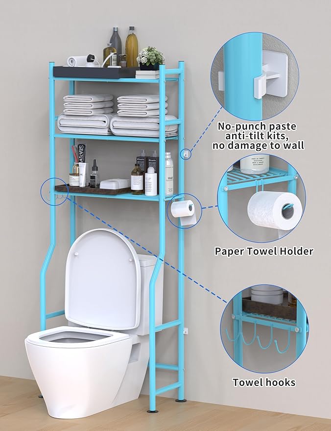Livilord 3-Tier Over The Toilet Storage, Freestanding Metal Bathroom Shelves with 4 Hooks, Over Toilet Storage Shelf with Paper Holder, Above The Toilet Shelf for Bathroom Storage, Blue