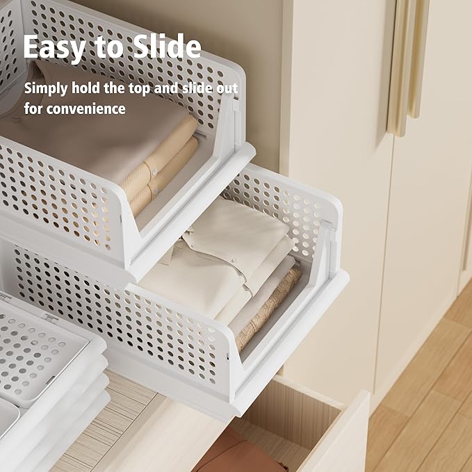 Proarea 5 Pack Stackable Plastic Storage Basket Closet Organizer Bin Foldable Clothes Organizer Storage Drawer Shelf Container for Living room Bathroom Kitchen Office (3L+2S), White, YG-3L2S