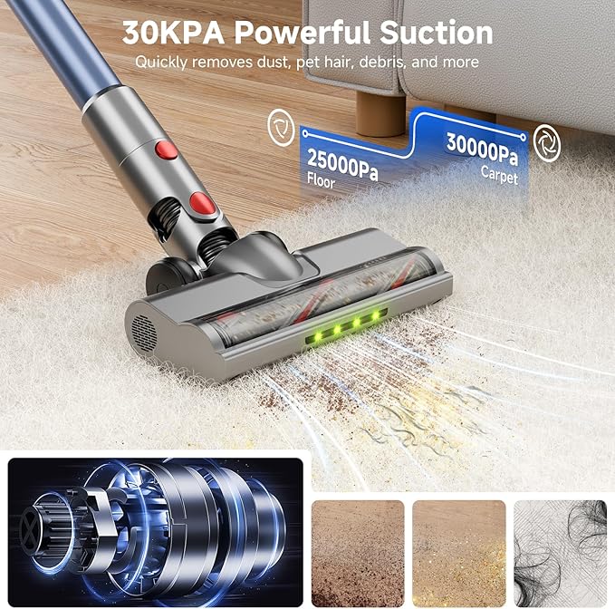 Honki Cordless Vacuum Cleaner for Home, Powerful Stick Vacuum with Rechargeable Battery, Green Light Anti-Tangle Brush, 6-in-1 Lightweight Handheld Vacuum for Pet Hair, Hard Floor, Carpet, Red