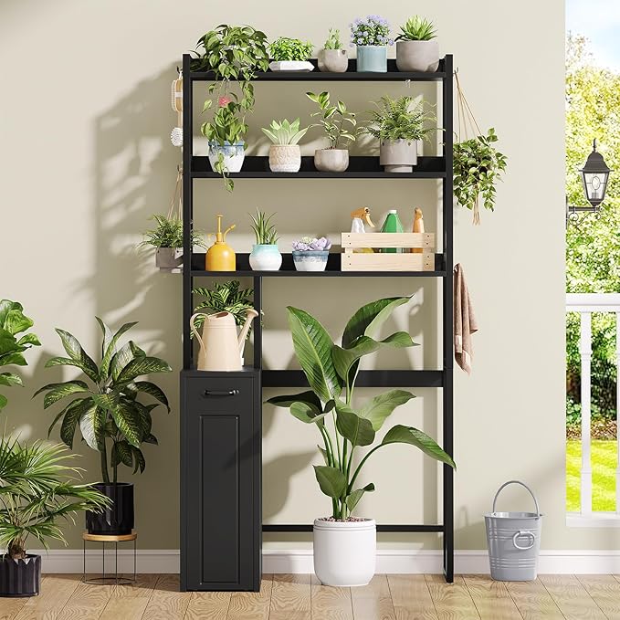 UPOSOJA Over The Toilet Storage Cabinet with Pulley, Bathroom Organizer W/6 Hooks for Restroom, Laundry, Plant Stand (Black)