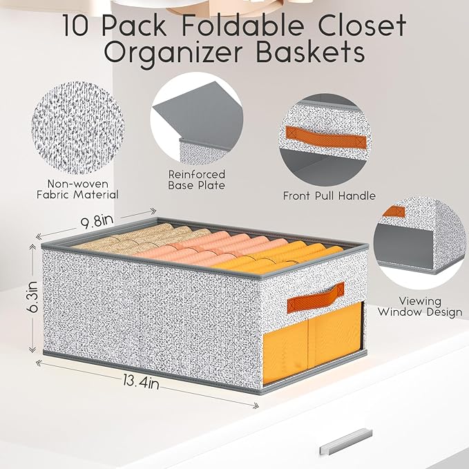 Homsorout Drawer Organizers and Storage - 10 Pack Foldable Pants Organizer with Clear Window & Handles, Fabric Closet Organizer for Clothes, Jeans, Sweaters, Towels, T-shirt, Scarf (Ant Light Gray)