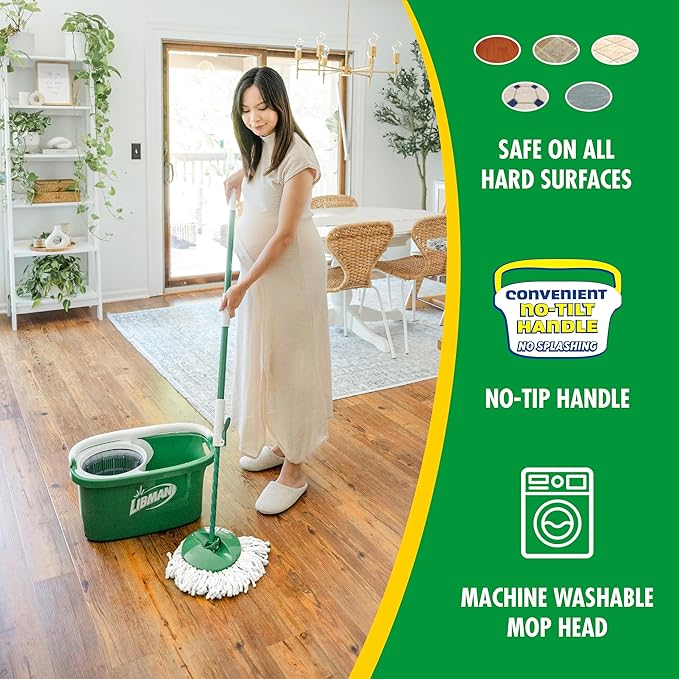 Libman Tornado Spin Mop System and 1 Refill, Mop and Bucket with Wringer Set for Hardwood Floor Cleaning, 2 Total Heads Included