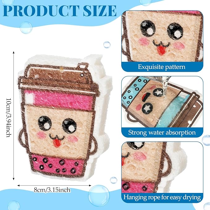 8 Pack Cute Kitchen Sponges Dish Set Compressed Non-Scratch Reusable Kitchen Cleaning Household Sponges for Dishes, Pans, Kitchen, Fruit, Plate, Bathroom(Bubble Tea)