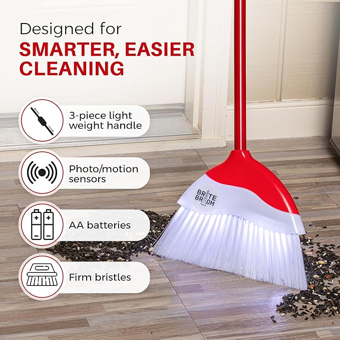 Indoor Broom with LED Lights | Angle Broom for Dark Corners & Low Light Areas | Soft Bristle, Adjustable Long Handle | Floor Sweeper for Kitchen, Room, Office & Garage (White)