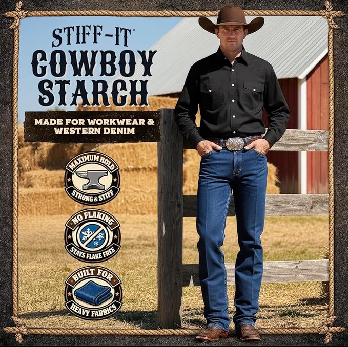 Stiff-it Western Cowboy Starch for Crisp and Clean Denim - Patent Formula with Leather Scent, Easy-Pour Design, and Winkle-Free Jeans (1)