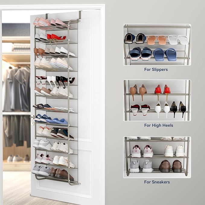 Whitmor 36 Pair Over The Door Shoe Organizer, 12 Tier Hanging Shoe Organizer, Heavy Duty Metal & Mesh Shoe Holder, Hanging Shoe Rack for Closet Organizer & Storage, 69"L x 21.7"W x 7.5"H, Mocha