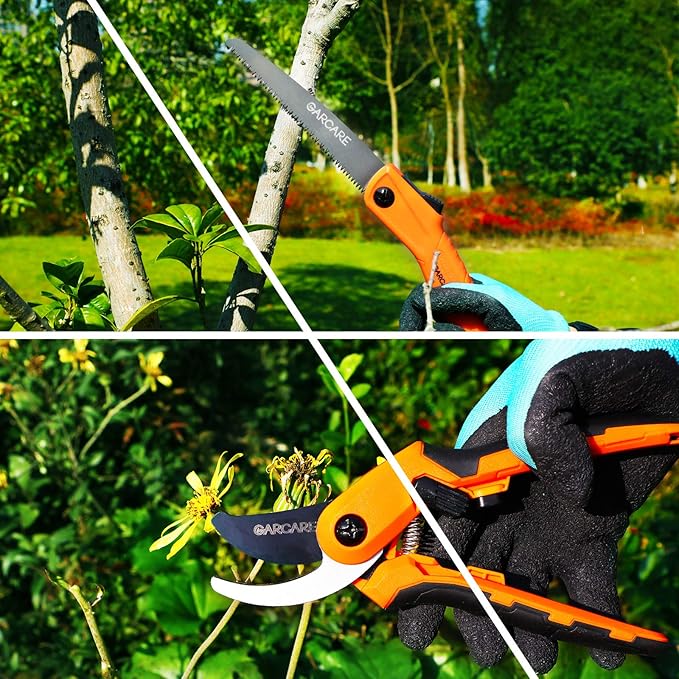 GARCARE 4 IN 1 Garden Shears Pruning Set with Bypass Pruning Shears Compound Lopper and Hedge Shears and Folding Saw with Carbon Steel Sharp Blades