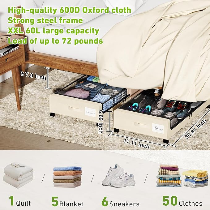 YAASHEEN Under Bed Storage with Wheels, Under the Bed Storage Containers with Clear Lids & Label, Underbed Storage Bins, XXL 60L Rolling Metal Drawer for Clothes, Shoes, Toys, Books (4-Pack Beige)