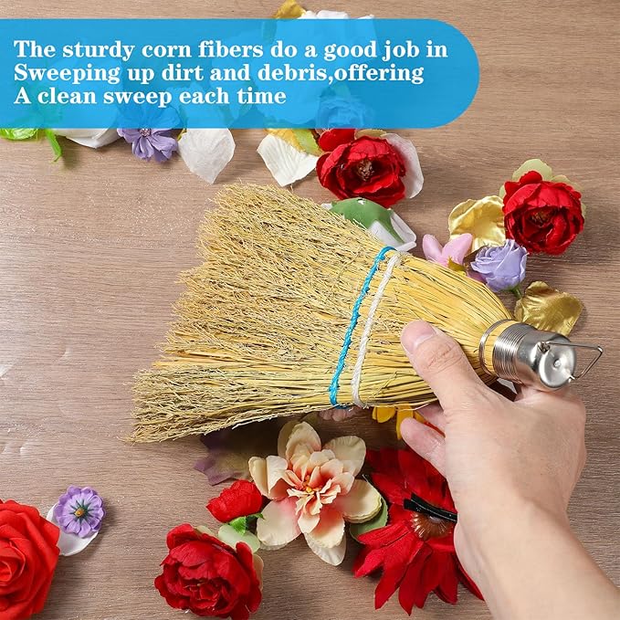3 Pcs 12 Inch Whisk Broom Hand Held Handmade Mini Corn Broom Straw with a Solid Metal Hang Design for Multi Surface Sweeping Outdoor Car Porch Debris Dust Dirt Driveway Sidewalks Halloween