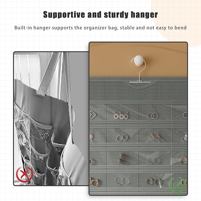 2 Pack Hanging Jewelry Organizer 80-Pocket Dual-sided Jewelry Storage for Earring Necklace Bracelet Ring Travel Holder, Gray