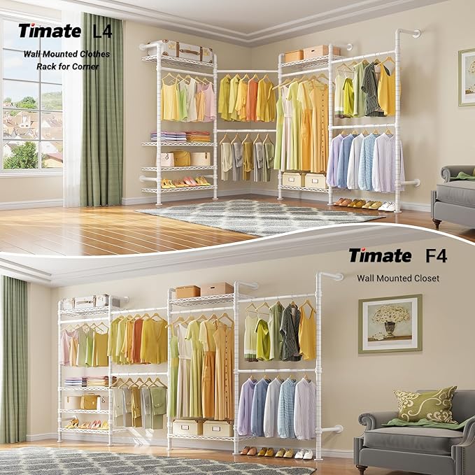 Timate F4 Wall Mounted Clothes Rack Industrial Pipe Clothing Rack for Hanging Clothes, Expandable Garment Rack Heavy Duty Wardrobe Closet Organizer and Storage, Adjustable Industrial Closet Kit, White