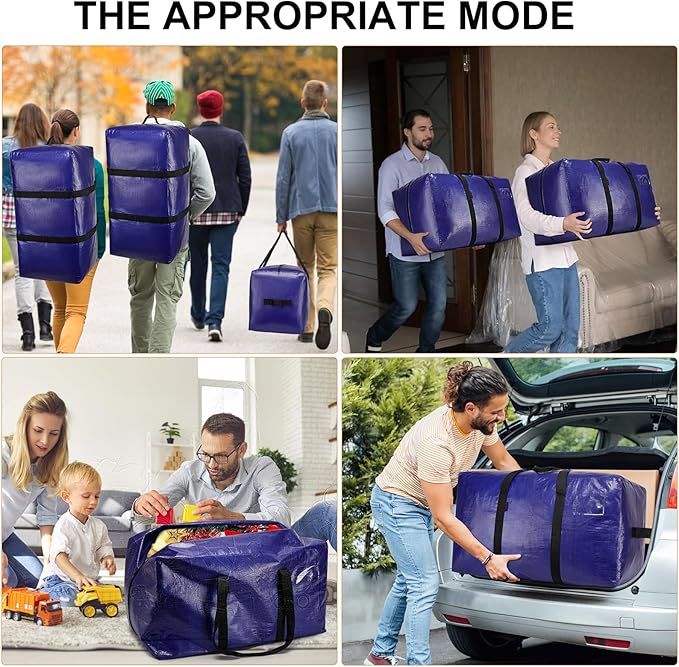 6 Pack Moving Bags Heavy Duty, Extra Large Storage Totes Bag with Zippers and Sturdy Handles, Packing Bags for Moving, Storage, Travel, Space Saving, Moving Boxes College Essentials Blue