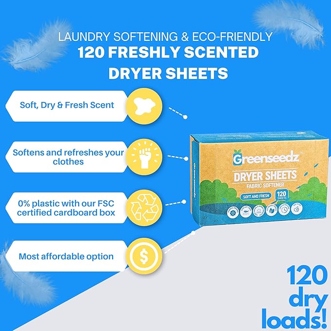 Greenseedz Dryer Sheets, 120 Count, Softens, Reduces Static & Freshens Laundry, Plastic-Free, Works with All Fabrics