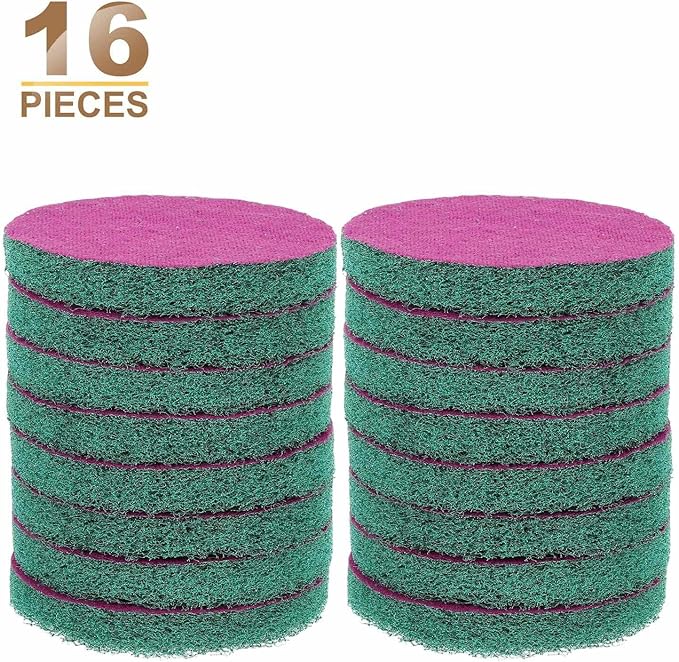 HARFINGTON 16pcs Scrubber Scouring Pads 180 Grits 5 Inch Drill Power Brush Hoop and Loop Surface Conditioning Disc Drill Scuffing Disc Scrub Pads for Home Kitchen Cleaning, Green