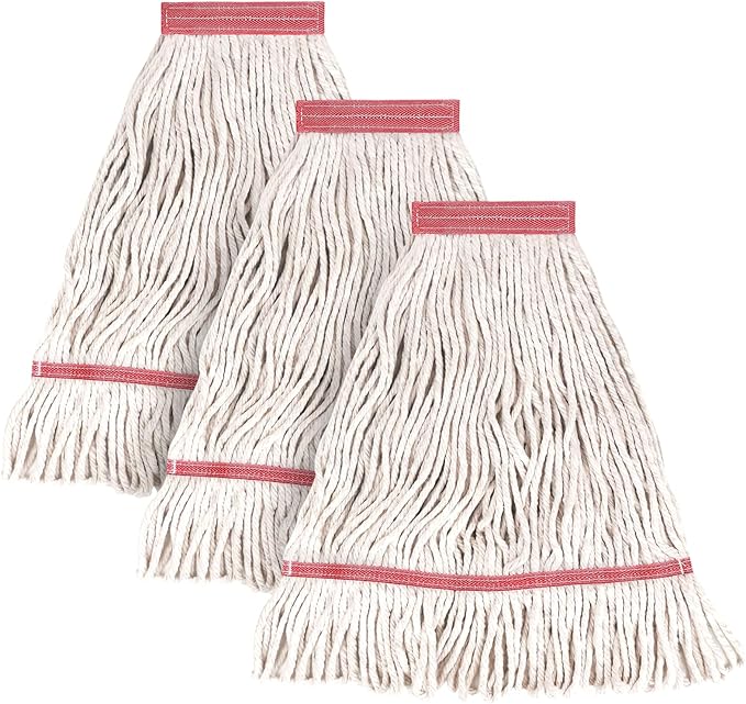 MATTHEW CLEANING Heavy Duty Mop Head Commercial Replacement for General and Floor Cleaning, Wet Industrial Blue Cotton Looped End String Head Refill (Pack of 3) White