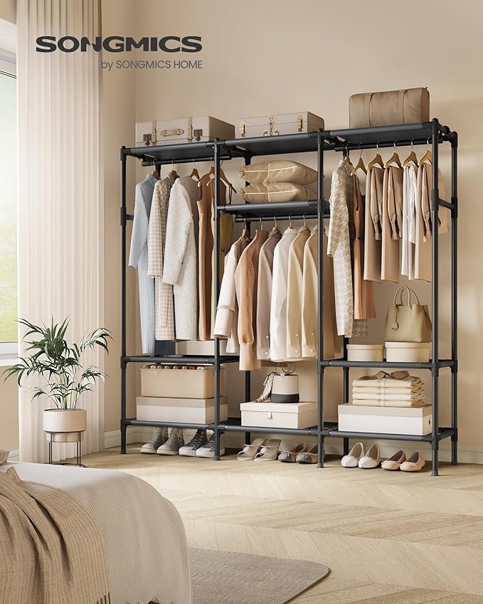 SONGMICS Clothes Rack,72 Inch Large Capacity Portable Closet, Heavy Duty Wardrobe Closet Organizer with Hanging Rails and Shelves, Total Load 330 lb, Easy Assembly, for Bedroom, Black URDR211B01