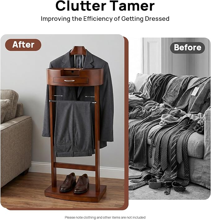 Wood Men Valet Stand with Drawer, Standing Suit Valet Stand, Clothes Organizer Rack for Home Entryway Living Room Bedroom Office, 22lbs Load Capacity(Brown)