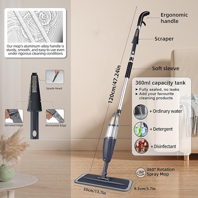Spray Mop for Floor Cleaning with 360° Rotation - Multi-Surface Floor Cleaner for Wet/Dry Mopping Lightweight Handle for Kitchen Bathroom Hardwood&Tile Floors