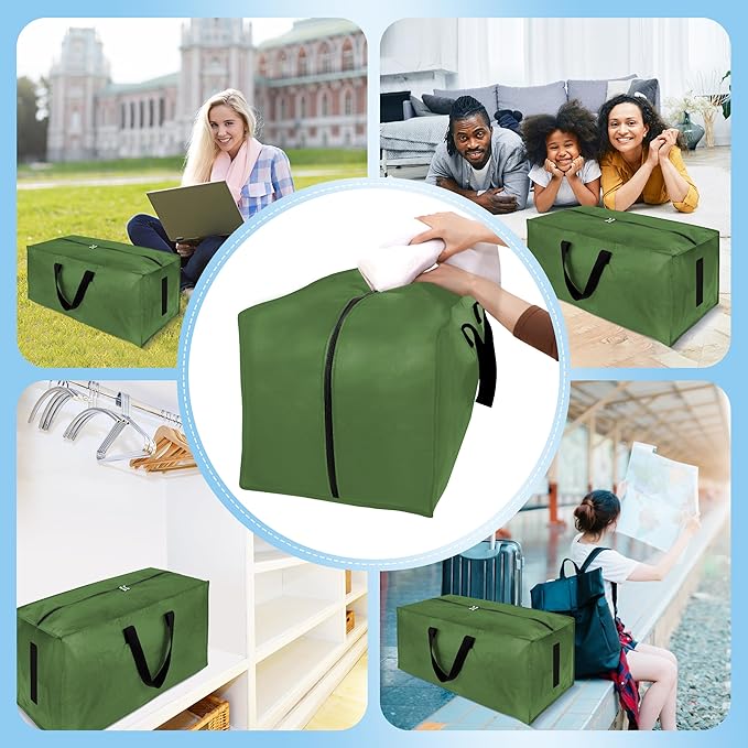 HOMESURE 12 Pack Large Strong Moving Bags with Zippers & Carrying Handles - Water-Resistant - Heavy Duty Storage Tote for Space Saving, Fold Flat, Alternative to Moving Box (Olive Green)