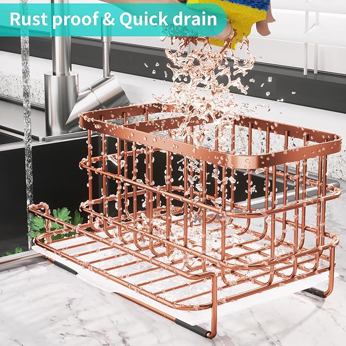 HapiRm Multifunctional Kitchen Sink Organizer, Large Sink Caddy with Drain Tray, SUS304 Stainless Steel Rustproof Sponge Holder for Kitchen Countertop - Rose Gold