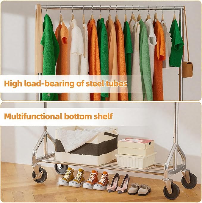 Ekisemio Heavy Duty Rolling Clothes Rack with Wheels and Shelves, 450 lbs Capacity, Portable Garment Rack for Hanging Clothes, Standing Wardrobe for Closet, Bedroom, Commercial Use, Chrome