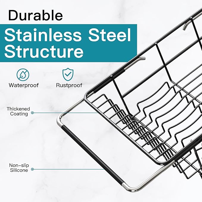 Dish Drying Rack Over the Sink In Stainless Steel Black Expandable Drainer for Small Kitchen, Counter Space Saving Compact Inside Sink Plate Dryer, Adjustable Hanging Metal Wire Strainer Drain Holder