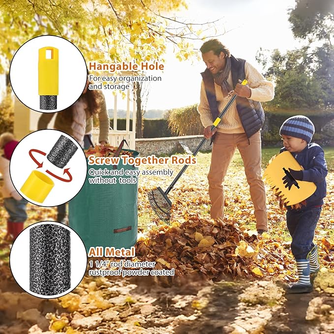 Rake for Leaves: Large 18" Wide Metal Leaf Rake, 65” Long Handle,25 Tines,Heavy Duty Graden Rakes Set for Lawn Yard Pine Needles Mulch Thatch Debris Cleanup Set with 32Gallon Leaf Bags and Scoops