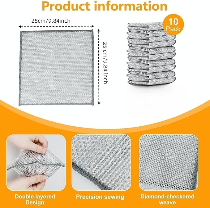 Extra-Large Size Multipurpose Wire Dishwashing Rag,Non Scratch Wire Dishcloth, Reusable Steel Wool Scrubber,Non-Scratch,Quick-Drying,Multi-Purpose for Kitchen,Bathroom Cleaning (10)
