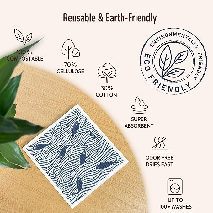 Swedish Dishcloths, 5 Pack Swedish Dishcloths for Kitchen, Super Absorbent, Biodegradable, Quick Drying, Dishwasher Safe