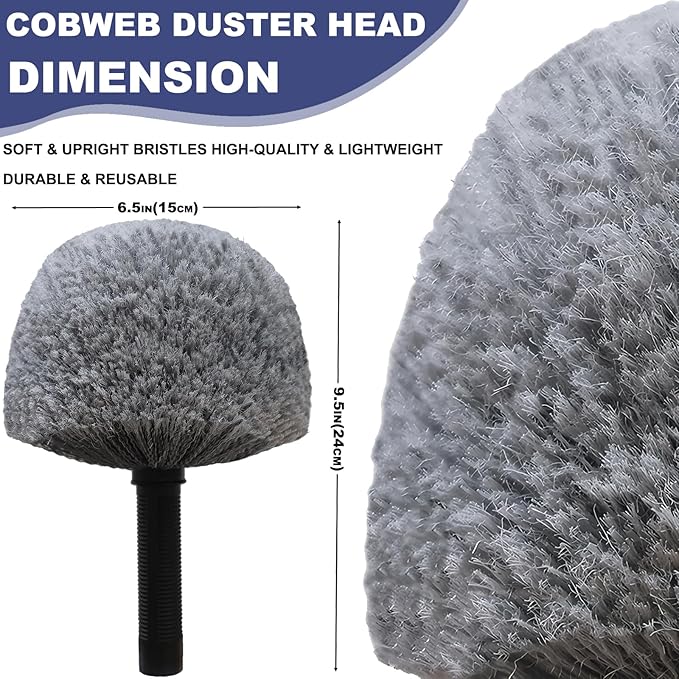 2 Pack Grey Twist-On Cobweb Duster Head Brush - Fits Standard 3/4 inch Threaded Poles, Attachment Spider Web Duster Brush for Outdoor & Indoor Cleaning