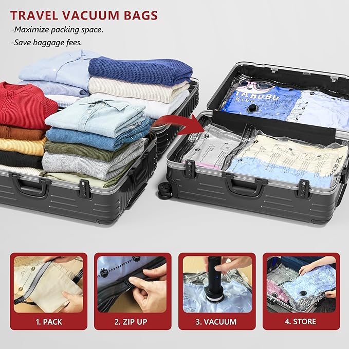 Travel Vacuum Bags for Clothing with Rechargeable Electric Pump, Compression Packing Cubes Organizer Storage for Luggage Suitcase, Space Saver Seal Bags for Vacation Cruise, 12 Combo