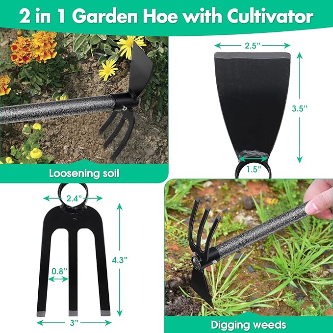 Lilyvane Hoe Garden Tool,45 Inch Long Garden Hoe and Cultivator, Garden Hand Tiller with Long Handle,Heavy Duty Garden Tools Hoe Cultivator for Gardening,Weeding, Tilling,Lossening Soil,Planting