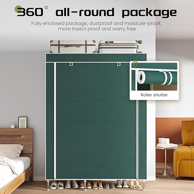 Portable Wardrobe, Simple Wardrobe, with 5 Shelves, Hanging Rod and Non-Woven Fabric Cover, Suitable for Small Spaces.(Green, 41.3 in)