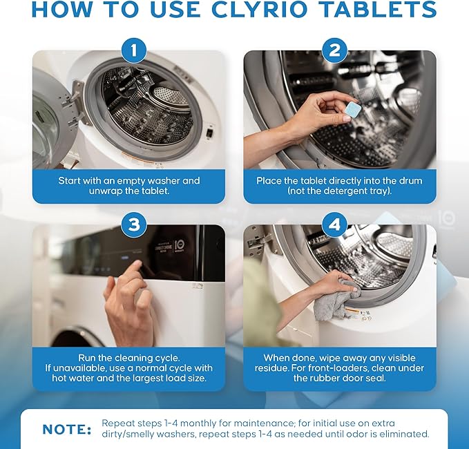 Clyrio Washing Machine Cleaner Tablets – Washer Odor Remover, Unscented Deep Clean for Smelly Washers, HE & Front Load, Septic Safe, 24 Count