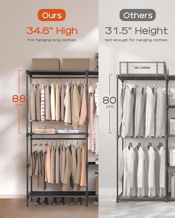 CASAMAYA Clothes Rack, Portable Closet, 54.3 Inch Large Capacity Wardrobe Closet, Clothes Storage Organizer with Shelves and 3 Hanging Rods, Easy to Assembly, Black PCT022B01