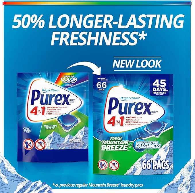 Purex Fresh Mountain Breeze Laundry Detergent Pacs, 66 Count, Pre Measured Pacs