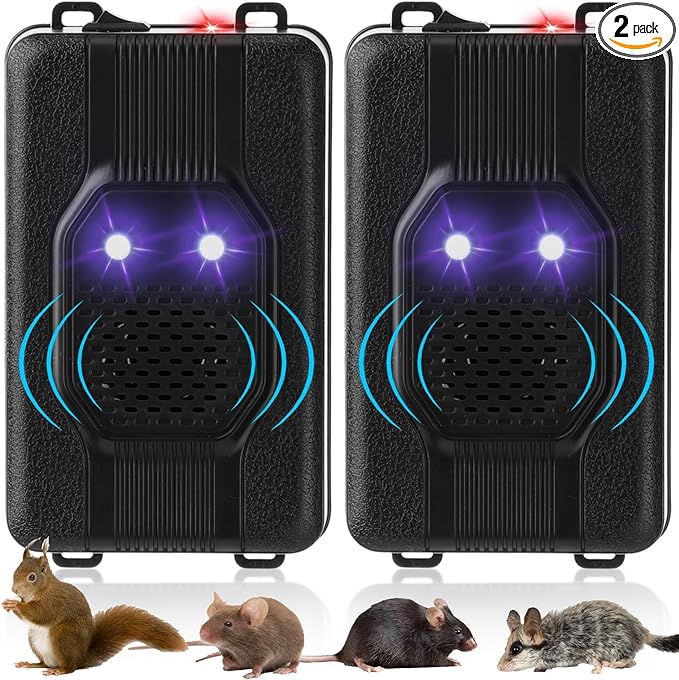 Qualirey 2 Pcs Ultrasonic Rodent Repellent for Car Engines Car Rodent Repeller Under Hood Battery Operated Rat Repellent with Strobe Light Keep Pest Squirrels Mice Out of Garage RV Outdoor