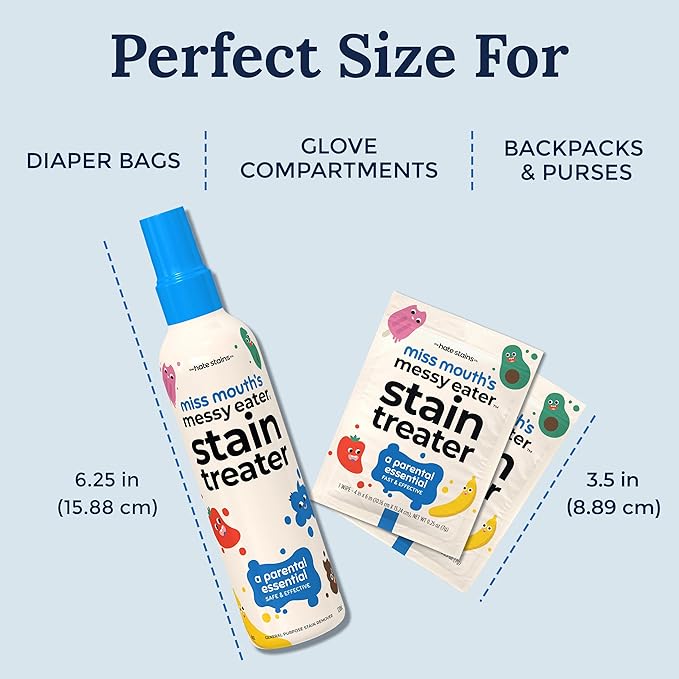 Miss Mouth's Messy Eater Stain Treater Spray - 4oz & 10 Wipes Stain Remover - Newborn & Baby Essentials - No Dry Cleaning Food, Grease, Coffee Off Laundry, Underwear, Fabric (Pack of 2)