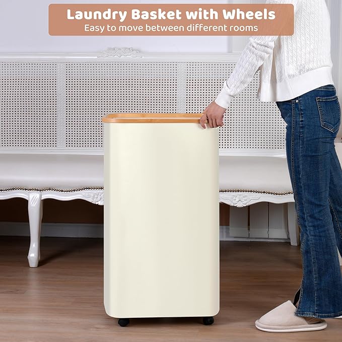 Laundry Basket with Wheels, 110L Beige Clothes Hamper for Laundry, Laundry Hamper with Lid and Inner Bag, for Laundry Room, Bedroom, Dormitory Storage,Beige