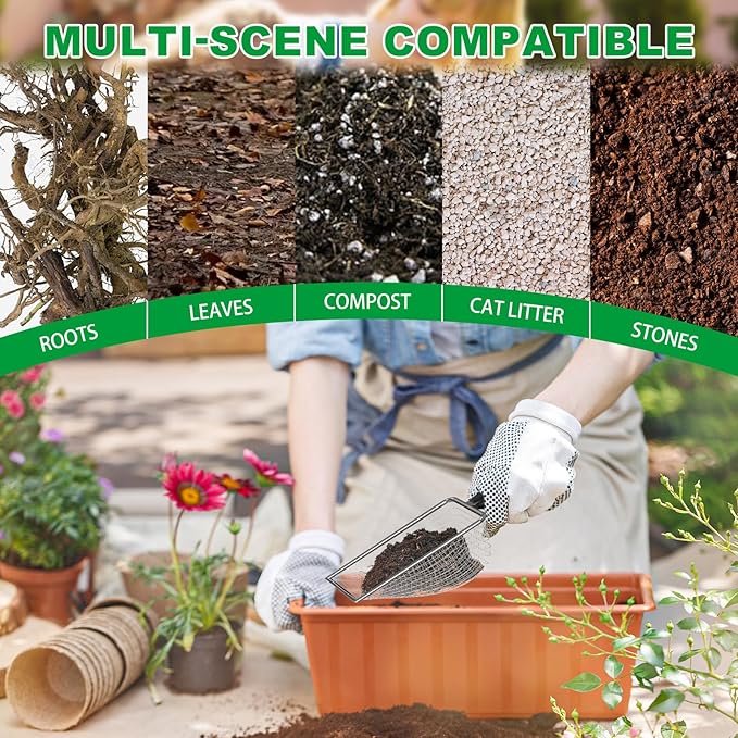 5pcs Soil Sifter Set for Gardening – Includes 2mm/2.8mm/3.8mm/4.3mm/5mm Garden Sifter for Soil, Handheld Compost Sifter for Dirt，Rocks, Heavy-Duty Shovel for Soil, Compost Sifting