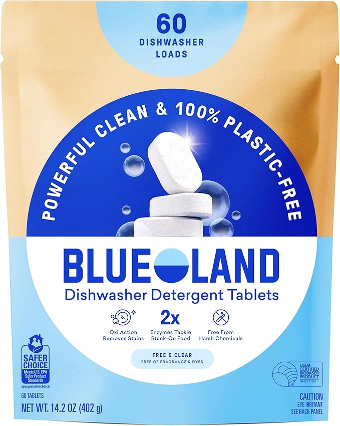 BLUELAND 100% Plastic-Free Dishwasher Detergent Tablets, 60 Count, Free & Clear, Eco-Friendly Dishwashing Pods, Natural, USDA Certified biobased