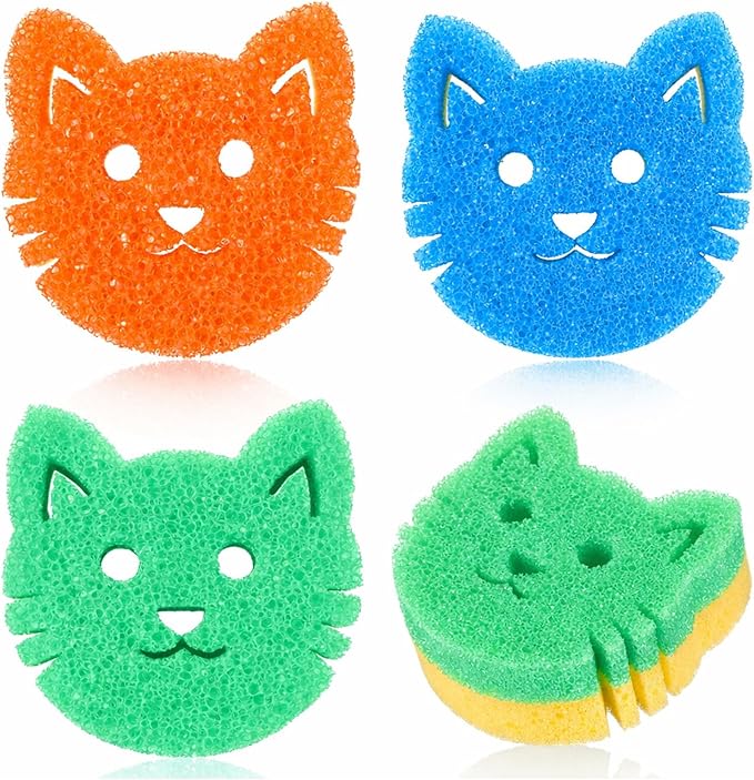 3 Pcs Dual Sided Scrub Sponge Multi Functional Cute Temperature Sensitive Non Scratch Dish Sponge for Washing Dishes Kitchen Bathroom (Cat,Green, Orange, Blue)