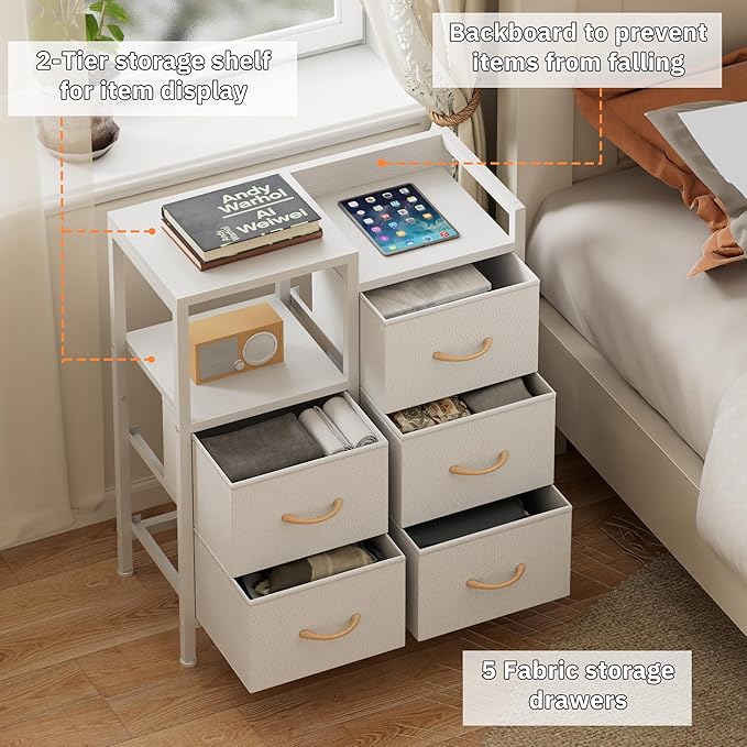 Furnulem 5 Drawer White Dressers for Bedroom 2 Tier Shelf Storage Small Fabric Dresser for Closet Sturdy Metal Frame Modern Style Storage Cabinets Organization Units for Hallway Rooms