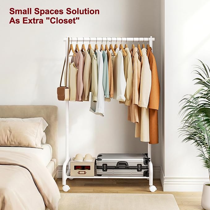 SLEEPING LAMB Heavy Duty Clothing Racks for Hanging Clothes, Small Rolling Clothes Rack with Wheels, Sturdy Garment Wardrobe Rack for Bedroom, Laundry Room, White