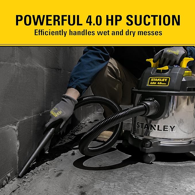 STANLEY 4 Gallon Wet Dry Vacuum, 4 Peak HP Stainless Steel 3 in 1 Shop Vacuum Blower with Powerful Suction, Vacuum for Job Site, Garage, Basement, Workshop, Top Handle, Portable Wet Dry Vac SL18301-4B