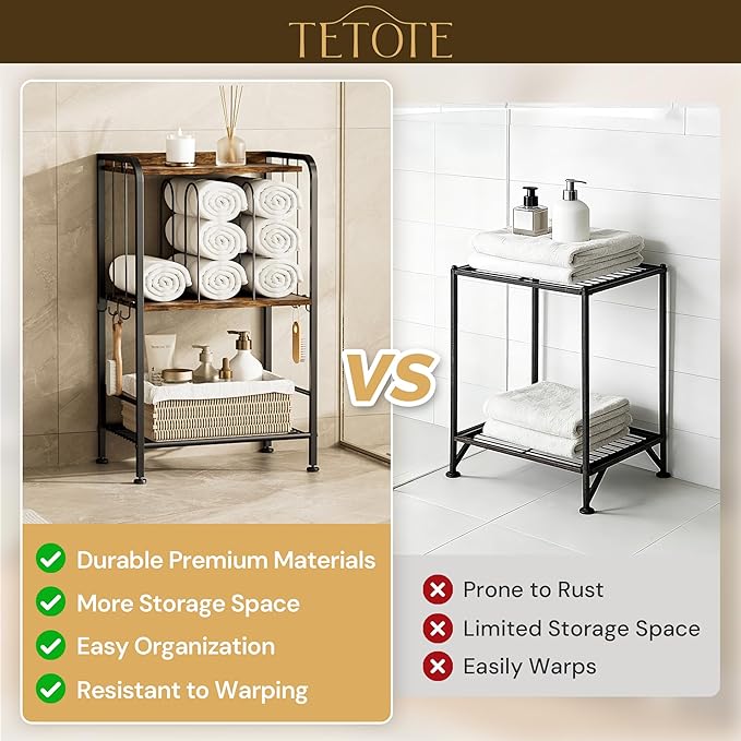 TETOTE 3-Tier Towel Rack, M-Shaped Detachable Dividers Metal Towel Storage Organizer for Bathroom, Laundry, Pool, Free Standing
