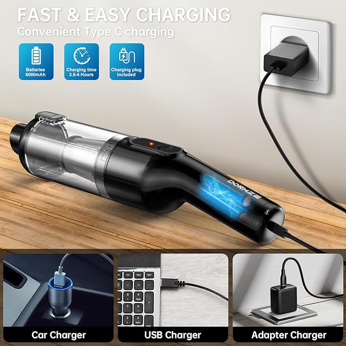 dormzie Handheld Vacuum Cordless, Car Vacuum with 16000Pa Powerful Suction, Lightweight at 1.3 lbs, Type-C Charge, Multiple Accessories, Rechargeable Vacuum Cleaners for Home Office Car Pet