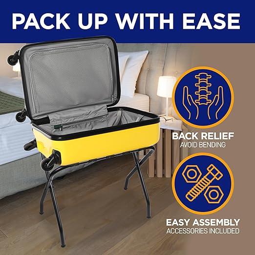 Lifemaster Metal Luggage Rack - Pack of 2 Foldable, Easy Assembly, Space Saving, and Stylish Steel Frame Guest Suitcase Stands with Nylon Straps - Black