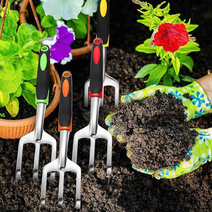 12 Pcs Hand Rake Garden Tool Mini Heavy Duty Garden Cultivator 11 Inch Small Rake Gardening Aluminum Alloy Hand Tiller with Handle for Digging Weeding Loose Soil (Red,Orange,Yellow,Green)